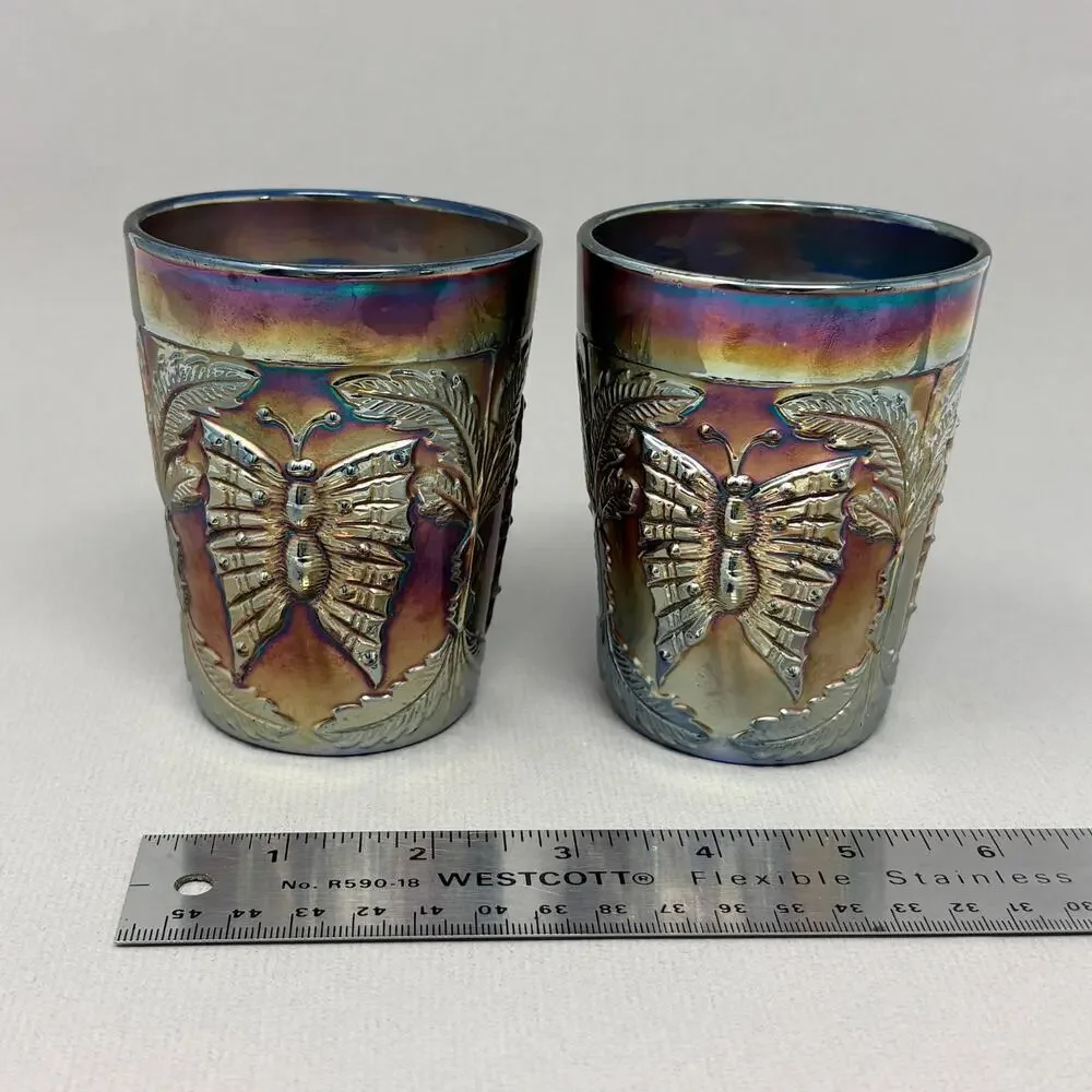 Pair of Antique Fenton Blue Carnival Glass Butterfly & Fern Tumblers Ground Base